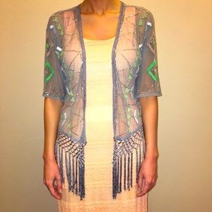 Hazel Grey Beaded Fringe Kimono size M